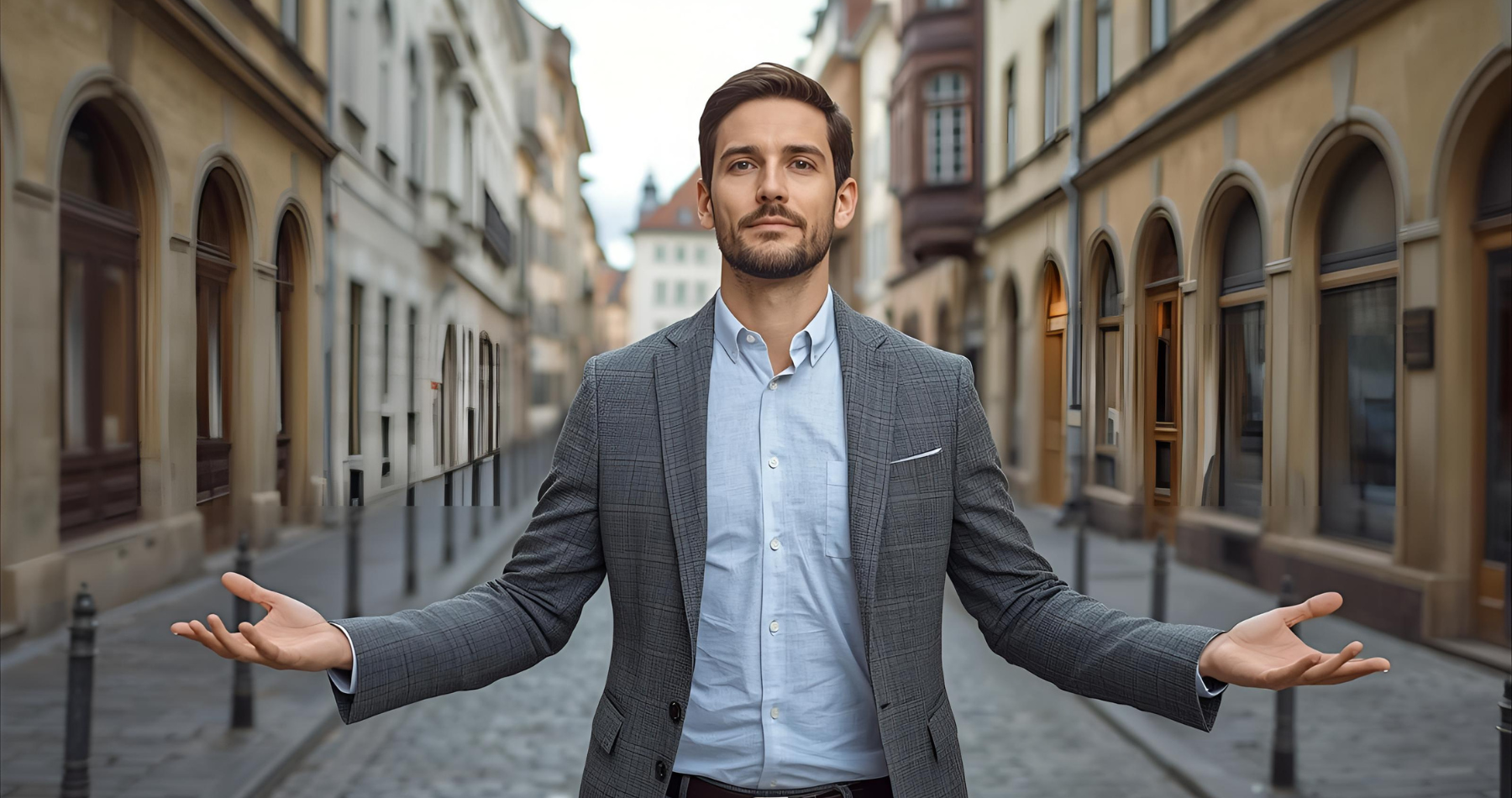 Business man 30's, walking in bern stress, relaxed body langage and open arms and hands on the side
