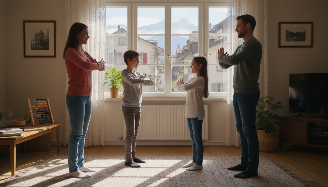 Eine vierköpfige Familie steht im Kreis und praktiziert Achtsamkeit oder Tai-Chi im Wohnzimmer, vor einem großen Fenster mit Blick auf eine europäische Stadt und sonnige Berge.