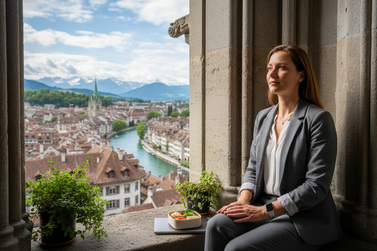 Women 30's, sitting at a window with nice view of bern old town eating lunch