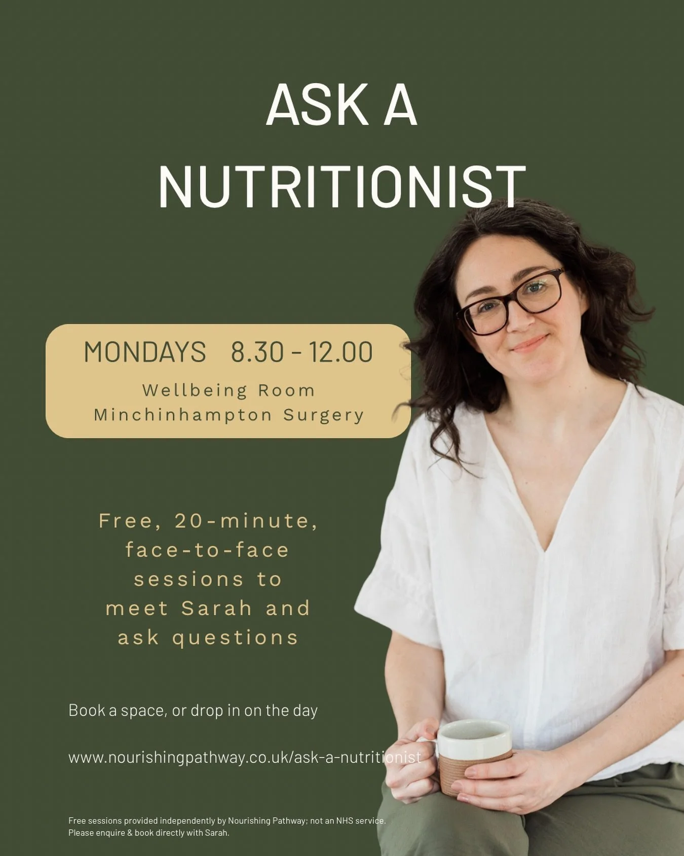 From this Monday, I&rsquo;ll be spending my Monday mornings at Minchinhampton Surgery, near Stroud, offering free 20-minute Ask a Nutritionist sessions.

I&rsquo;ve been working predominantly online and as much as I love it, I&rsquo;m really looking 