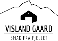 Logo med teksten 'VISLAND GAARD' og 'SMÅK FRA FJELLET', med en fjell- og fjordmotiv i bakgrunnen.