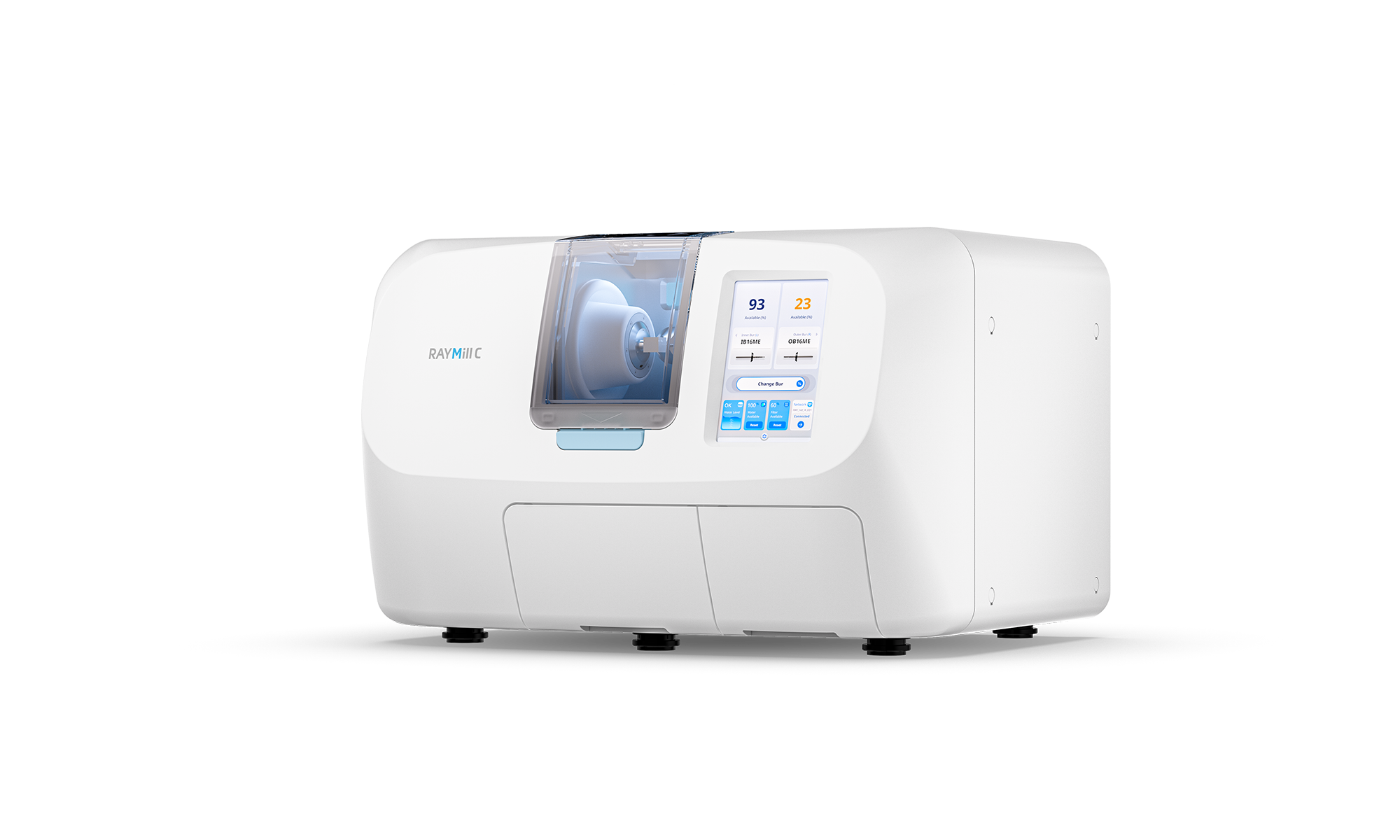 Medical device with a white exterior, a touchscreen interface, and a transparent window showing internal components, labeled 'RayMill C'.