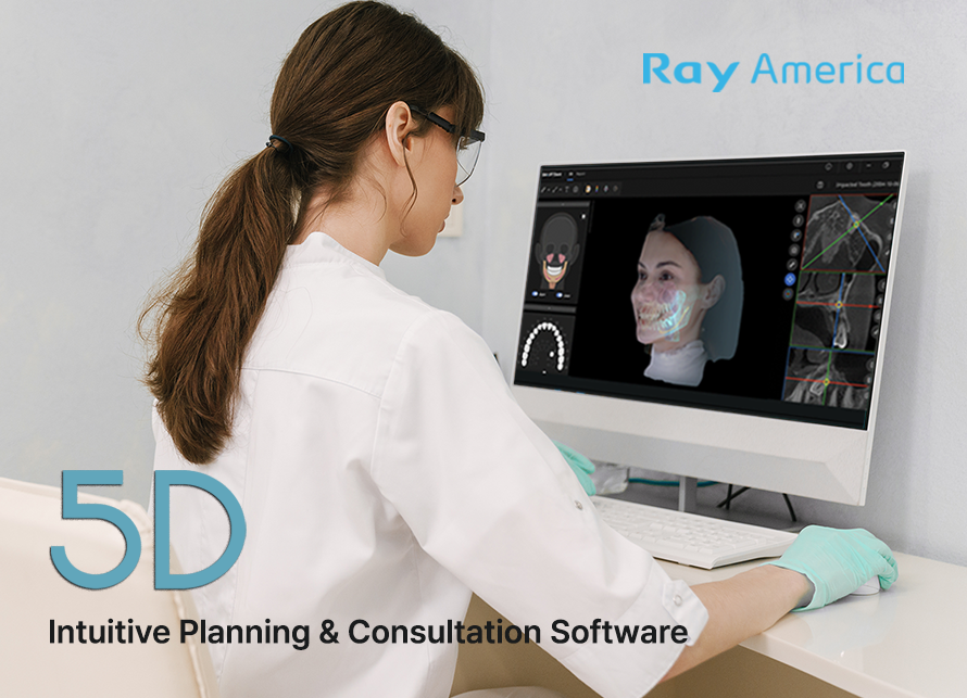 A woman wearing a white lab coat and glasses working at a computer with 3D facial imaging software displayed on the screen.