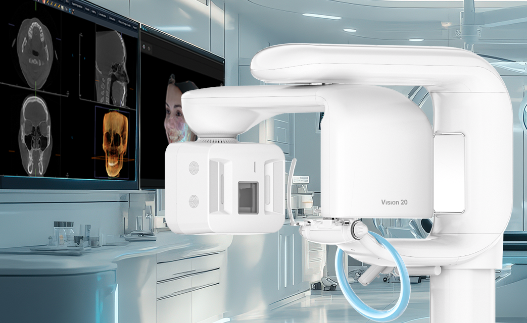 Medical imaging machine in a modern hospital, with CT scan images displayed on monitors showing brain scans and a 3D face scan.