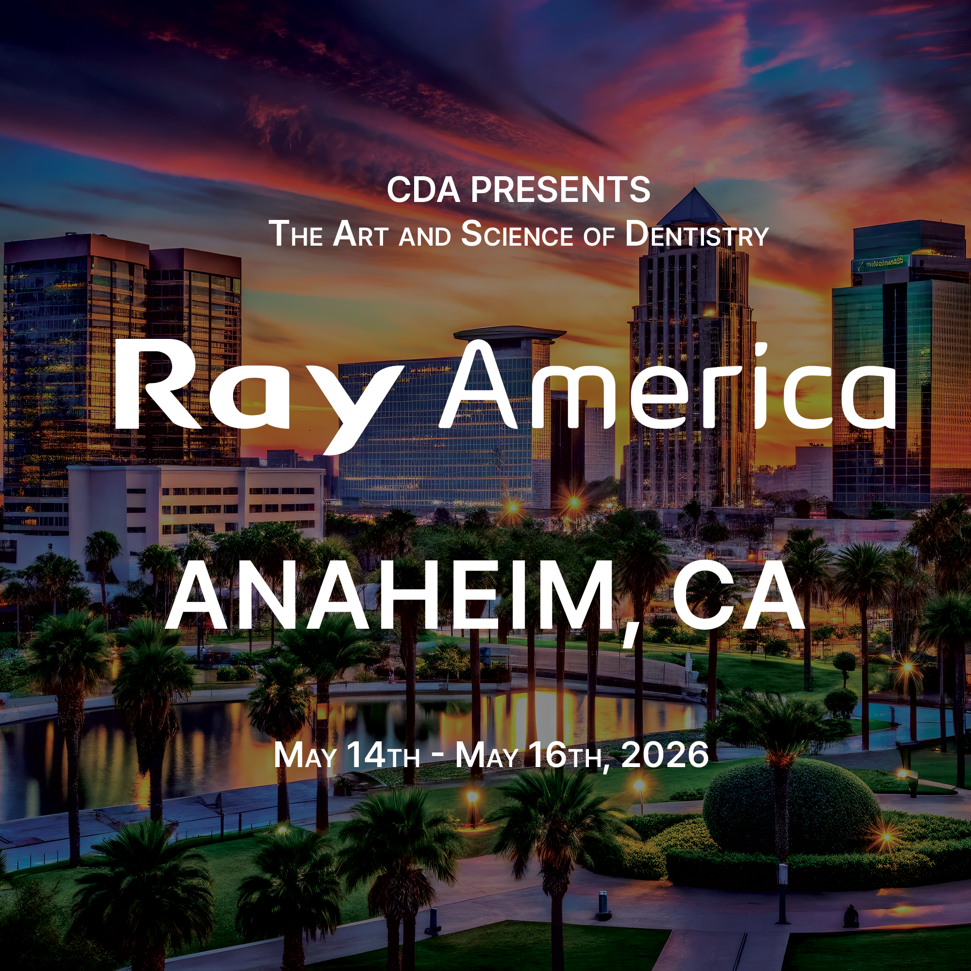 Cityscape of Anaheim, California during sunset with tall modern buildings, palm trees, a lake, and landscaped park and pathway.