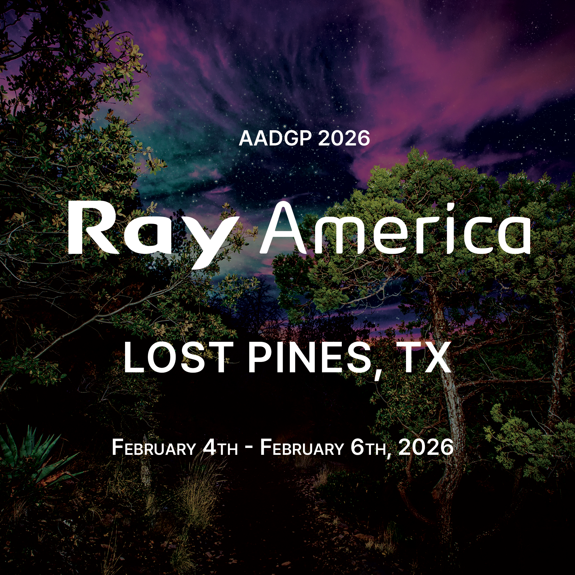 Event poster for Ray America at Lost Pines, TX, from February 4th to February 6th, 2026, featuring a night sky with stars and trees.
