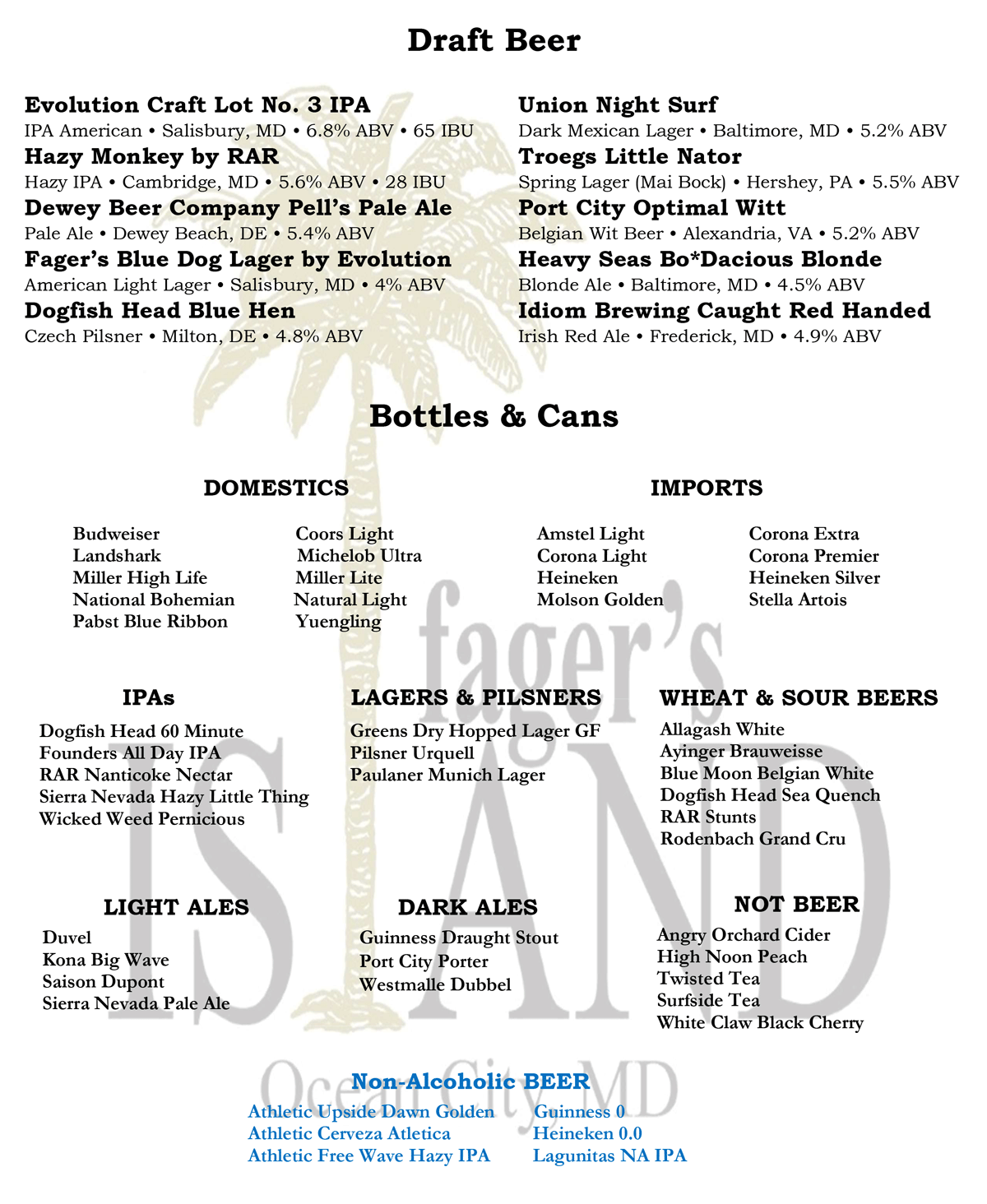 MENU BEER — fagers island