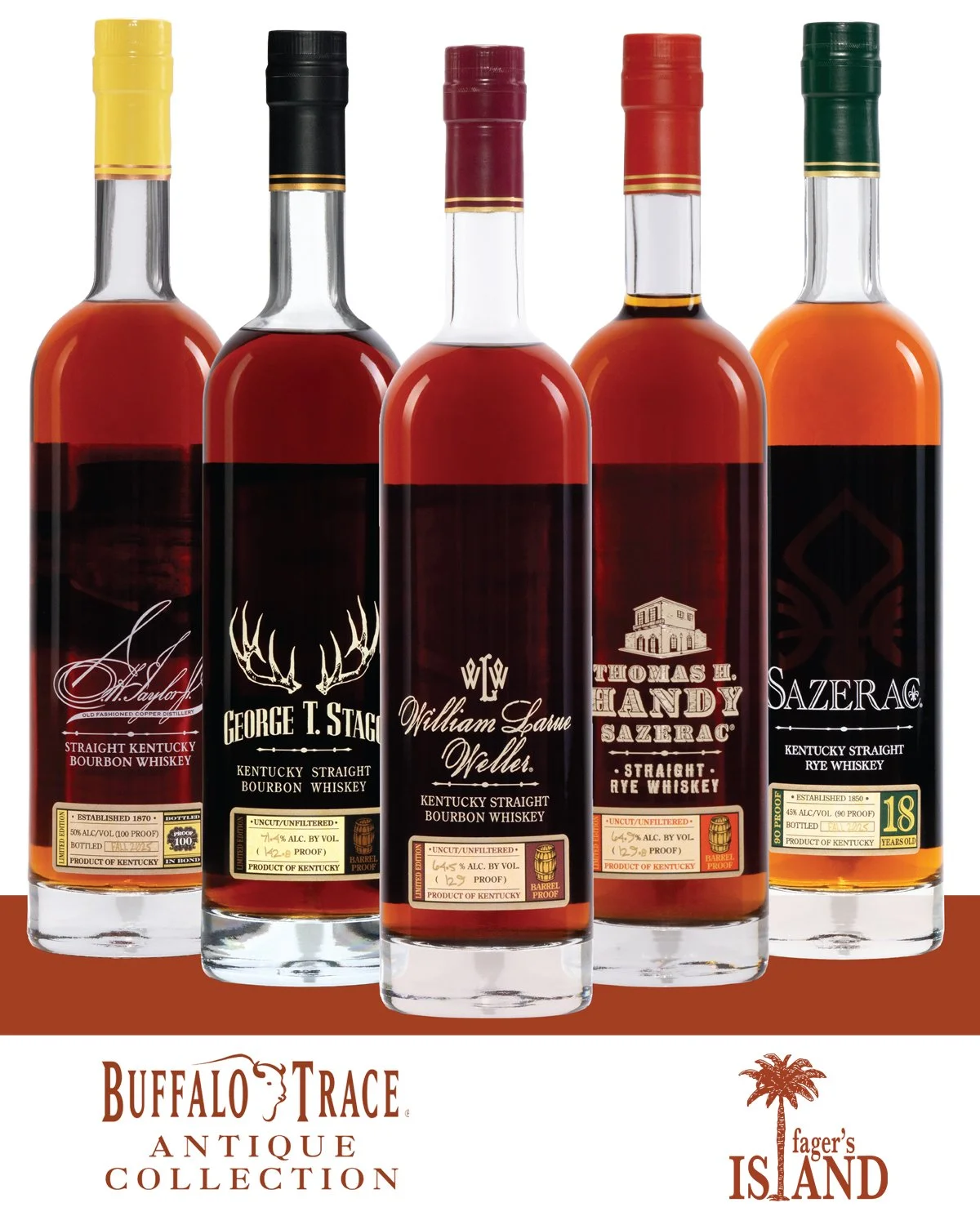 Five bottles of Kentucky bourbon whiskey with black, red, green, and yellow caps, displayed on a white background. The bottles feature various labels, including brands like Taylor, George T. Stagg, William Larue Weller, Thomas H. Handy Sazerac, and Sazerac. The bottom part of the image includes a label reading "Buffalo Trace Antique Collection" and "Fager's Island".