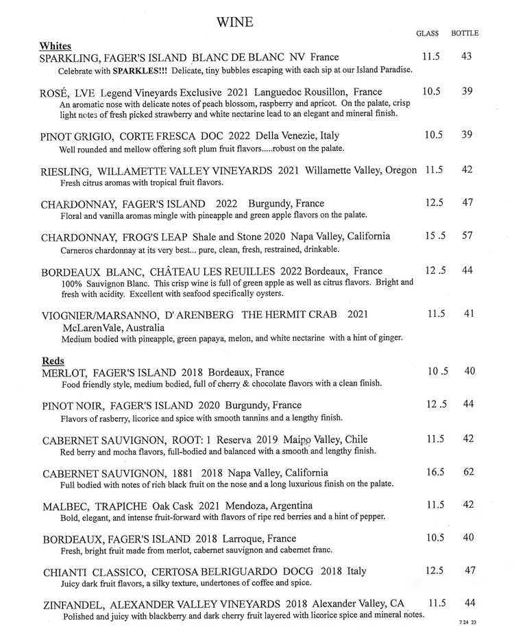 MENU WINE — fagers island