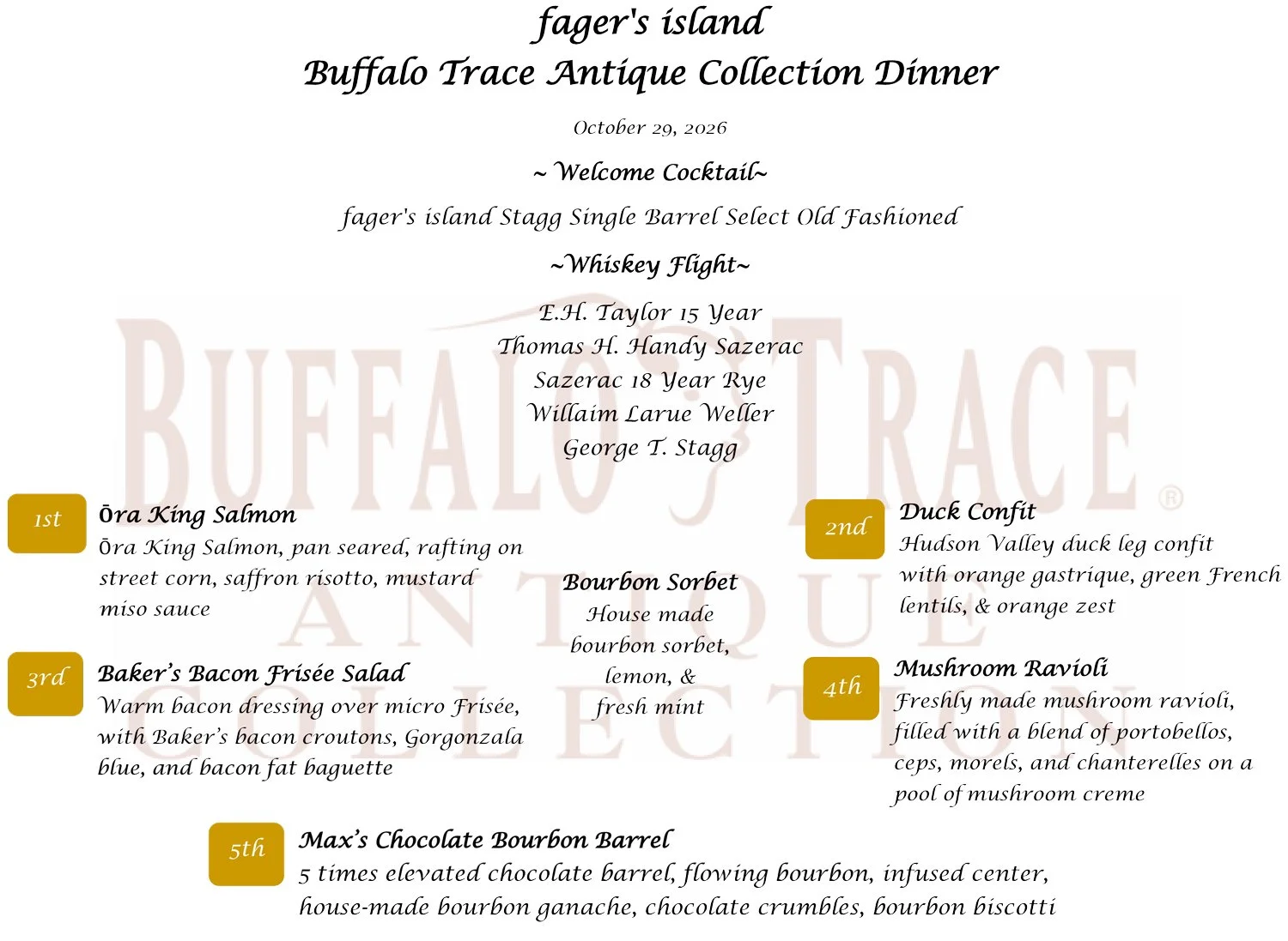 Event menu for the Buffalo Trace Antique Collection Dinner at Fager's Island, October 29, 2026, featuring a welcoming cocktail, whiskey flight, and five gourmet dishes with descriptions.