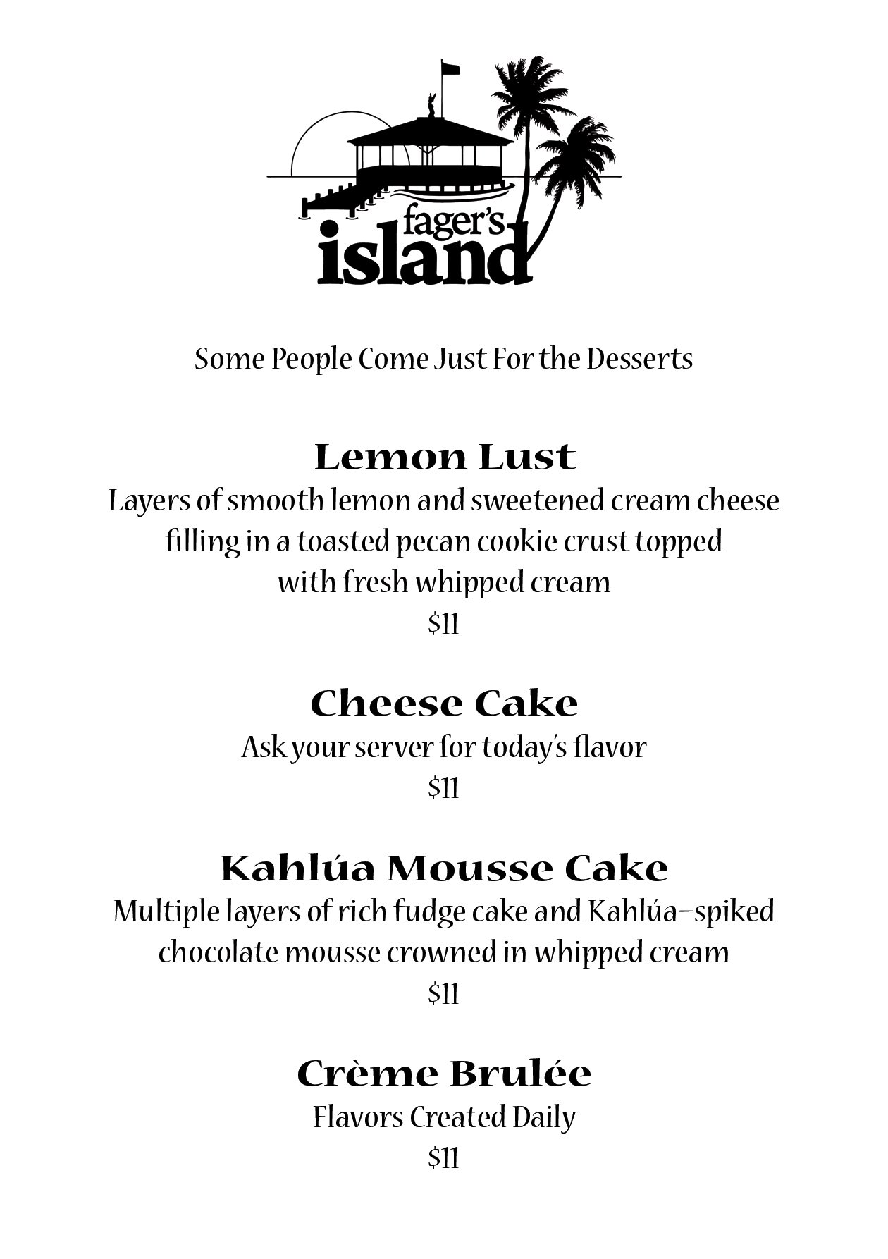 MENU DESSERT — fagers island