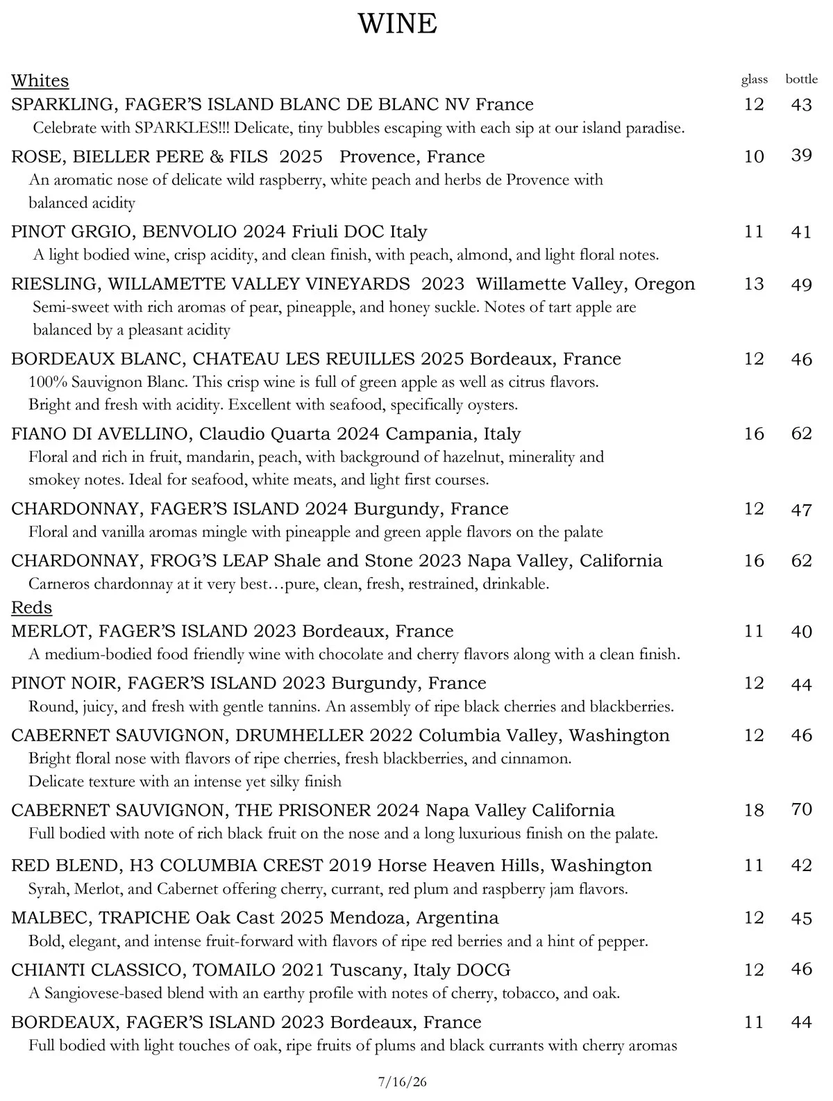 Wine menu with various white and red wines listed, including descriptions and prices.