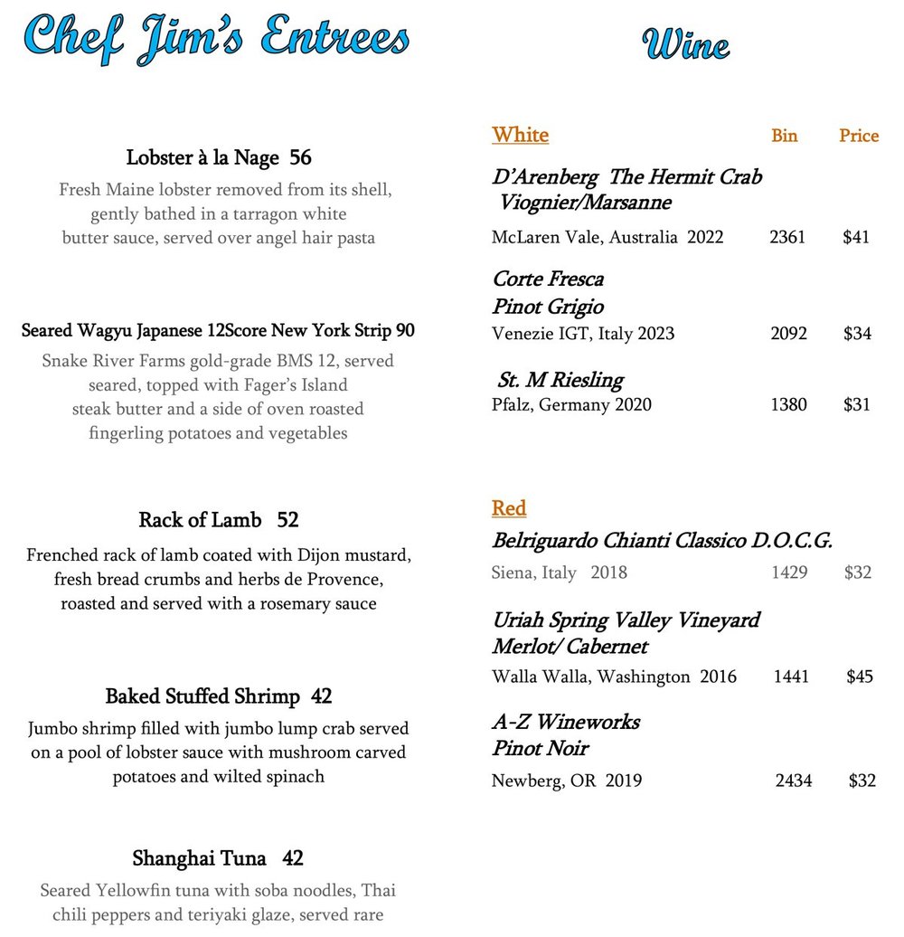 Chef jims menu fagers island