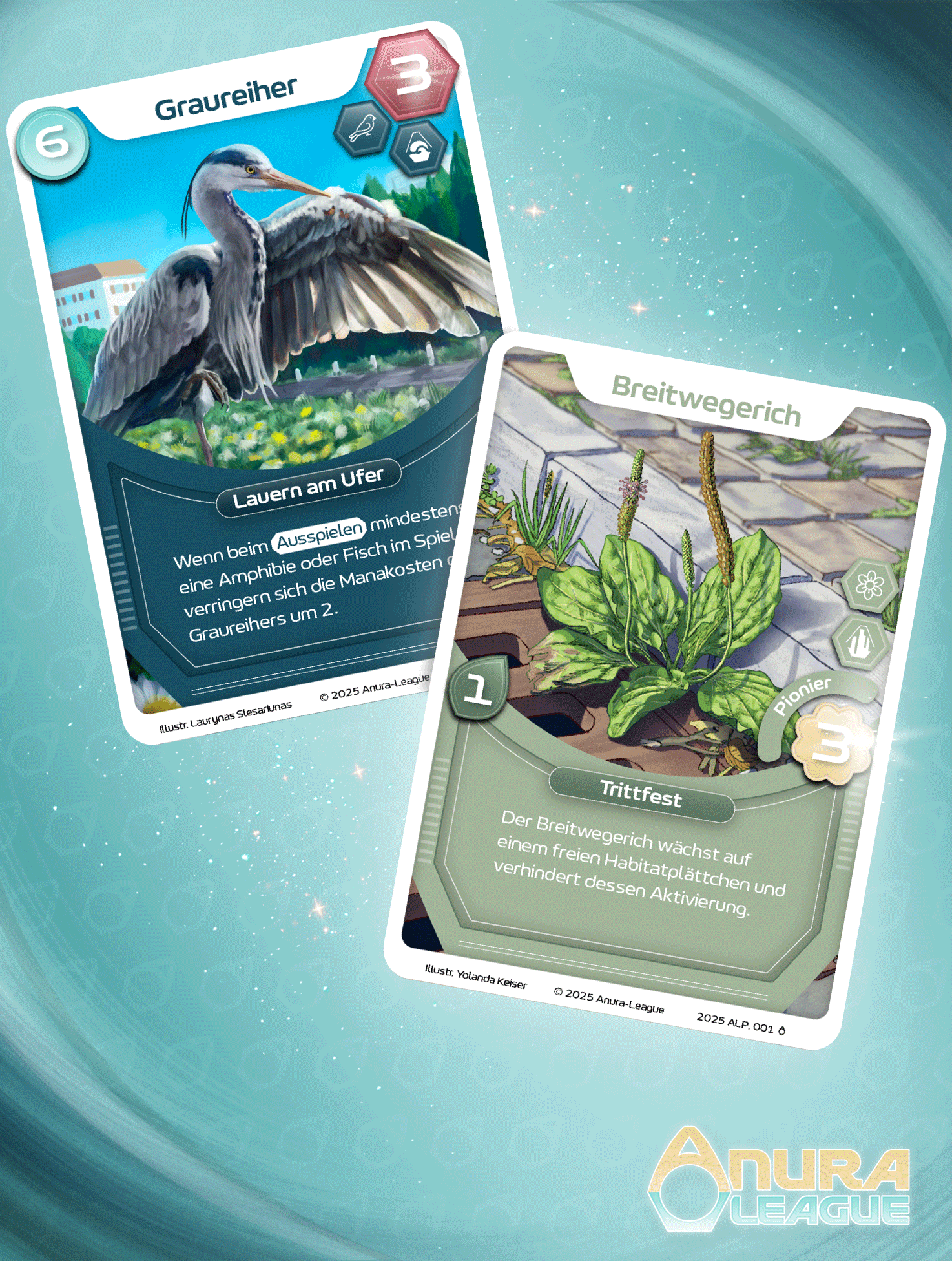 Trading Cards Game Illustrationen Graureiher und Breitwegerich
