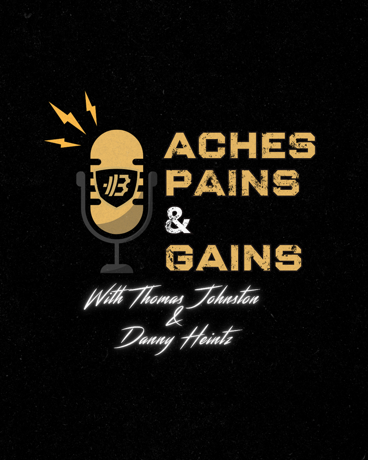 Aches Pains & Gains podcast logo, with Thomas Johnston and Danny Heintz