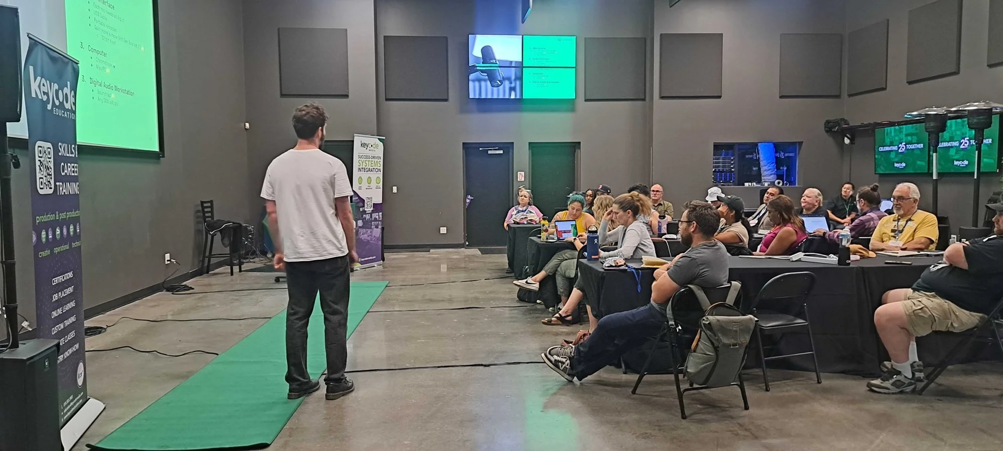 Lawrence Grey walks teachers through podcasting audio equipment essentials at Key Code Media in Burbank