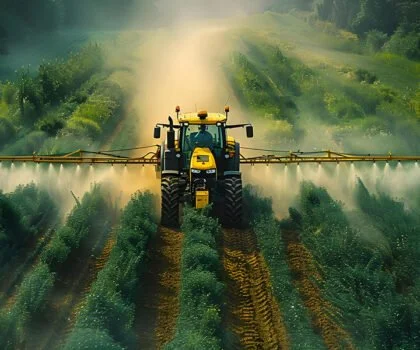A tractor spraying crops in a lush green field with trees in the background.