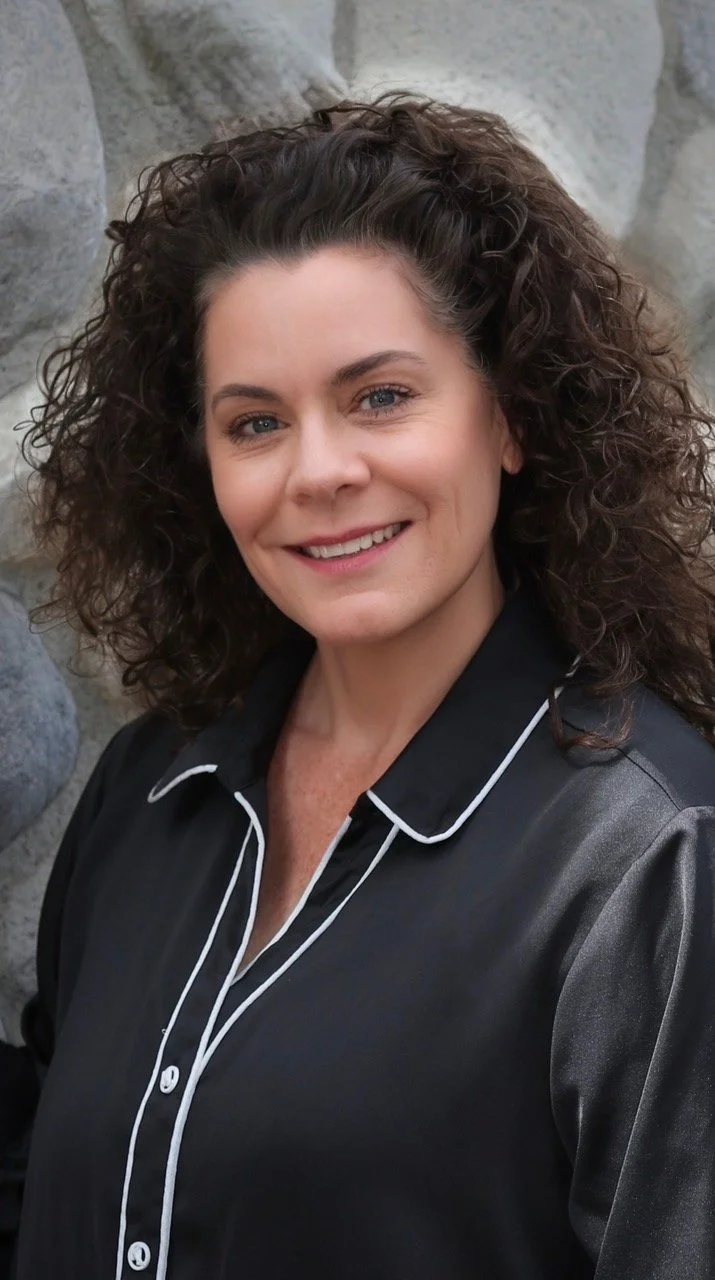 A woman with curly dark hair smiling outdoors, wearing a black blazer with a name tag that reads 'Stephanie Mauss, Foothill Family Shelter, Associate Director', and a decorative pin on her blazer.