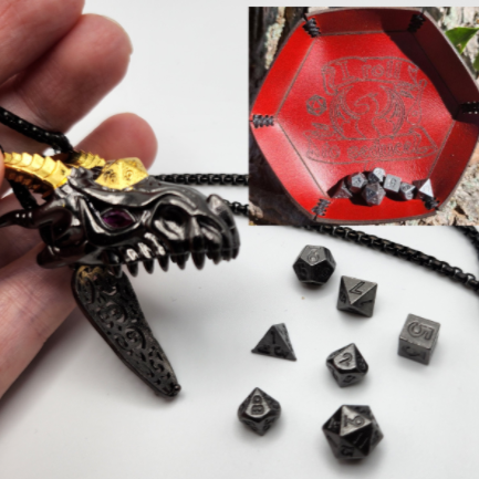 Mini Metal Dice - Dragon Head Storage Necklace with Mini Leather Dice Tray