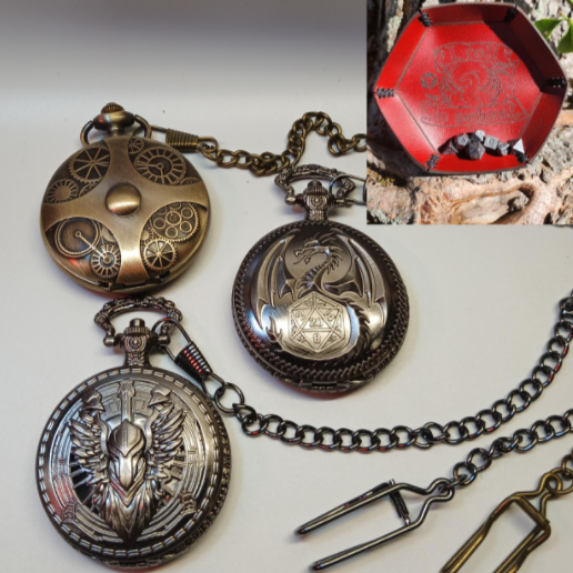 Mini Metal Dice - Pocket Watch with Mini Leather Dice Tray