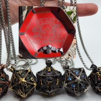 Mini Metal Dice - D20 Necklace with Mini Leather Dice Tray