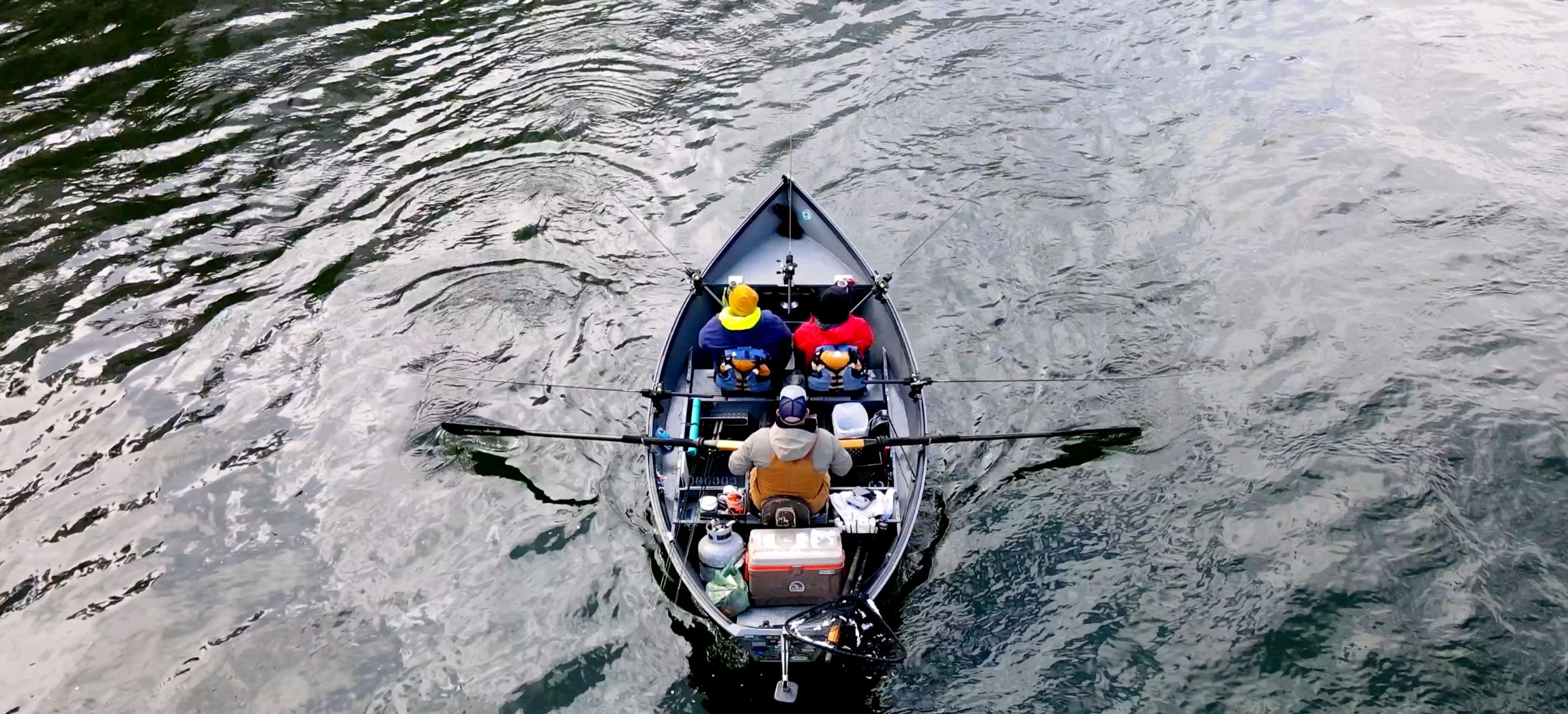 An aerial image of a drift boat on the Salmon River