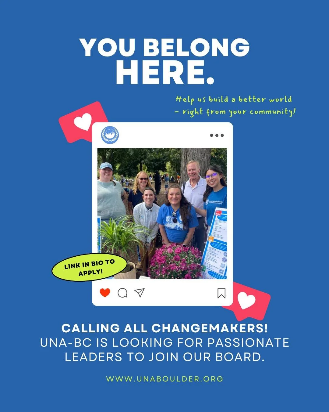 Ready to lead with purpose? 💙

As Colorado&rsquo;s only UNA chapter, we&rsquo;re seeking new board members to help shape our future. You don&rsquo;t need prior board experience: just passion, curiosity, and a desire to make a difference.

What you&r