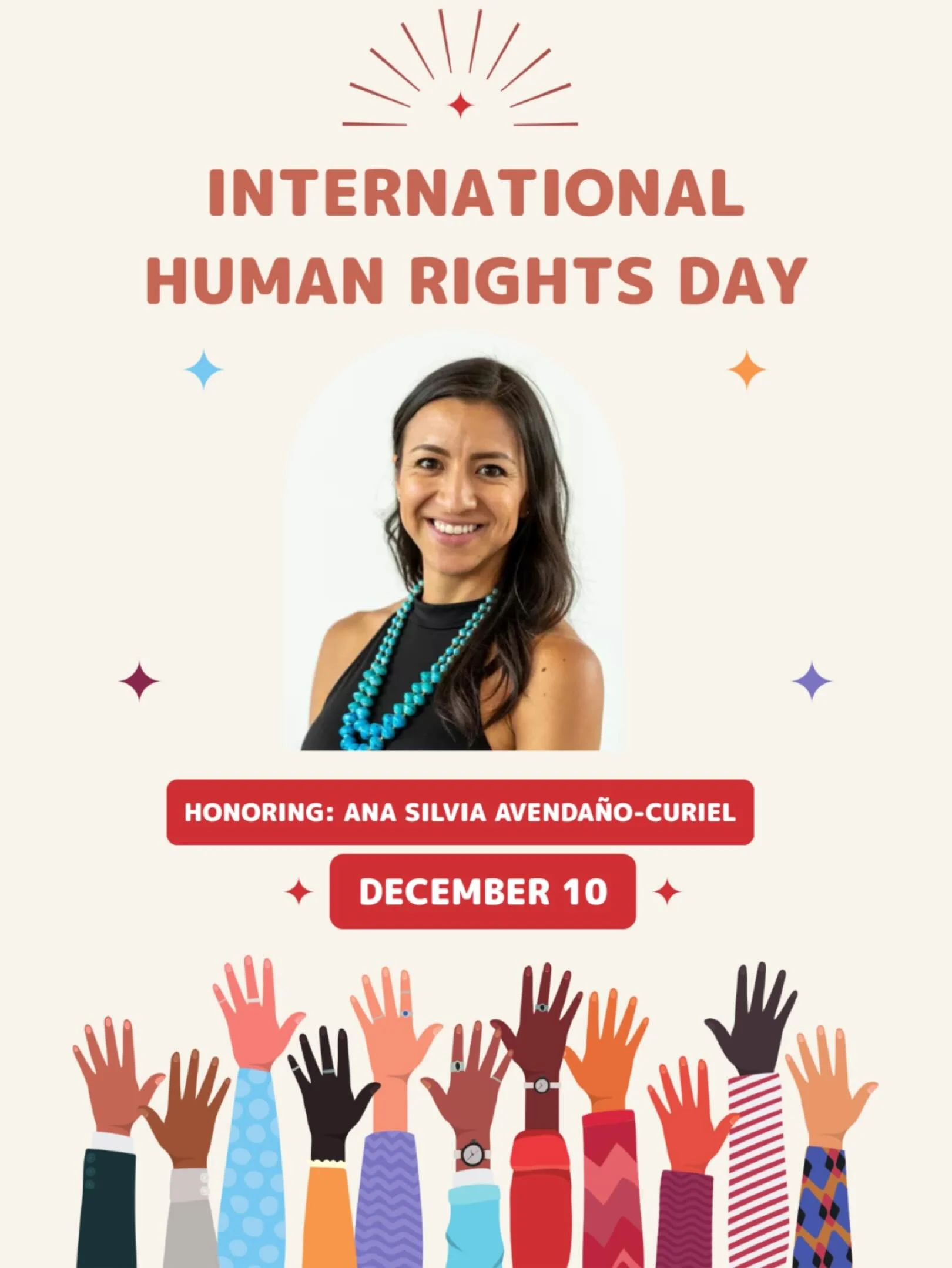 December 10th marks the International day of Human Rights

This year, UNA-BC has selected Ana Silvia Avenda&ntilde;o-Curiel as recipient of the 2025 International Human Rights award.
Ana Silvia is honored with the International Human Rights Award for