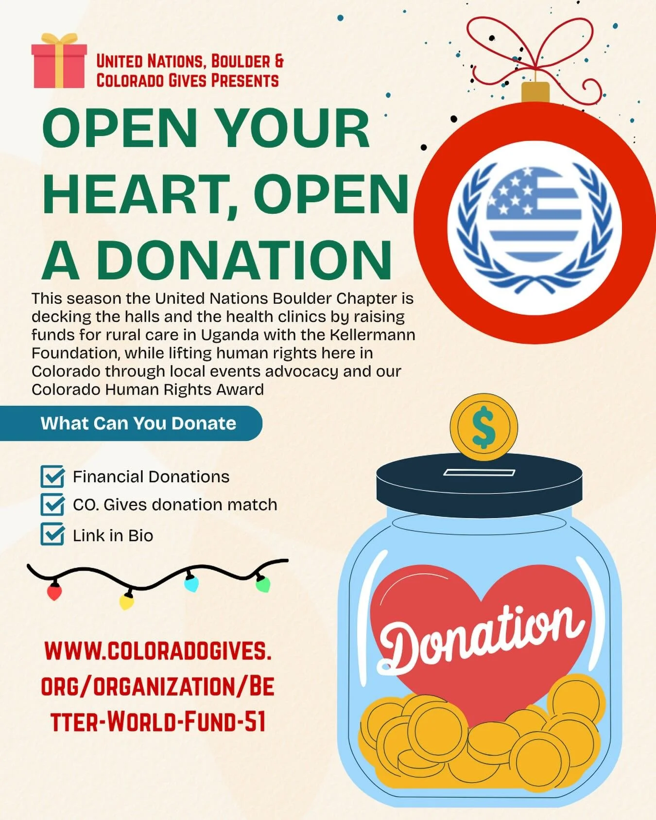 This season the United Nations Boulder Chapter is decking the halls and the health clinics by raising funds for rural care in Uganda with the Kellermann Foundation, while lifting human rights here in Colorado through local events advocacy and our Col