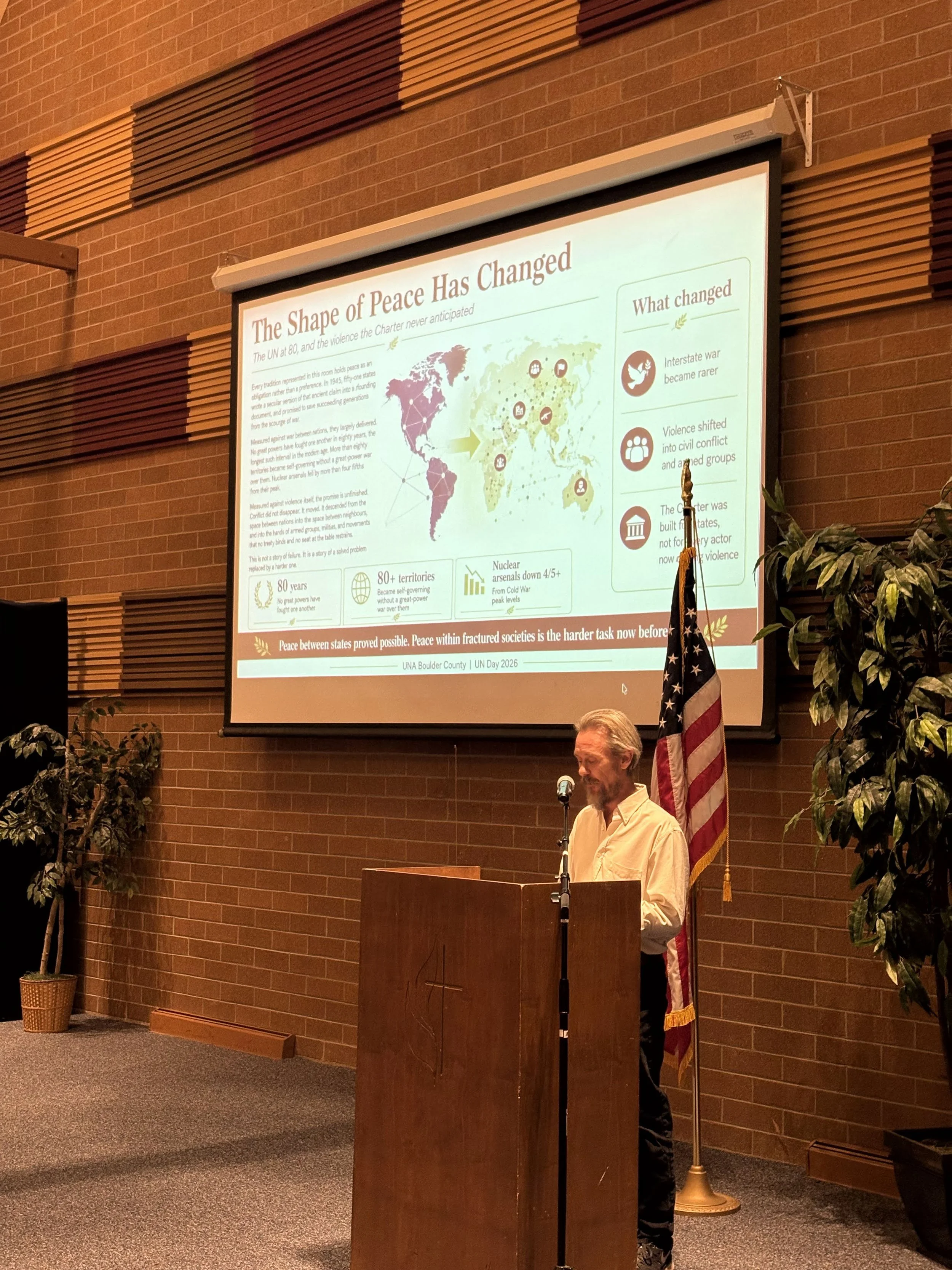 UN Day Of Peace Presentation By Daryl Wallace, President of Colorado’s United Nations Association In Boulder