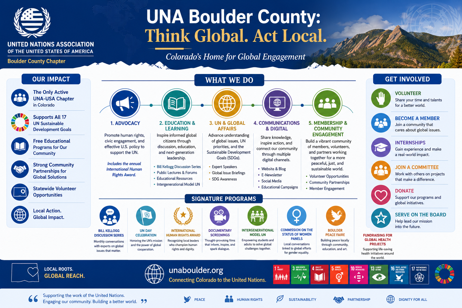 An informational poster for UNA Boulder County, promoting global engagement through the United Nations. It features sections on impact, what they do, signature programs, and ways to get involved, with a mountain landscape background and UN branding.