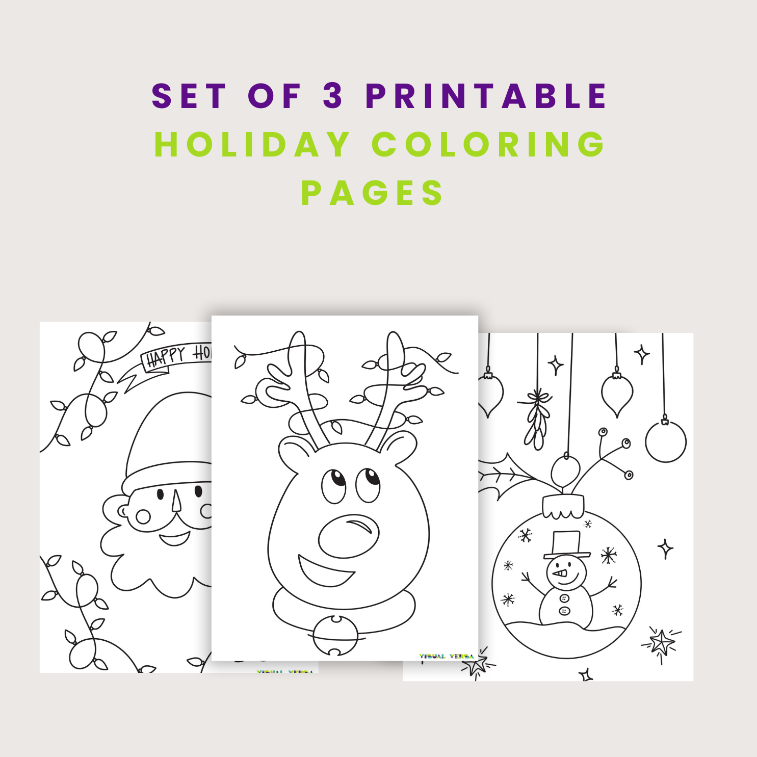 Set of 3 Printable Holiday Coloring Pages (Santa, Reindeer & Snowman Ornament)