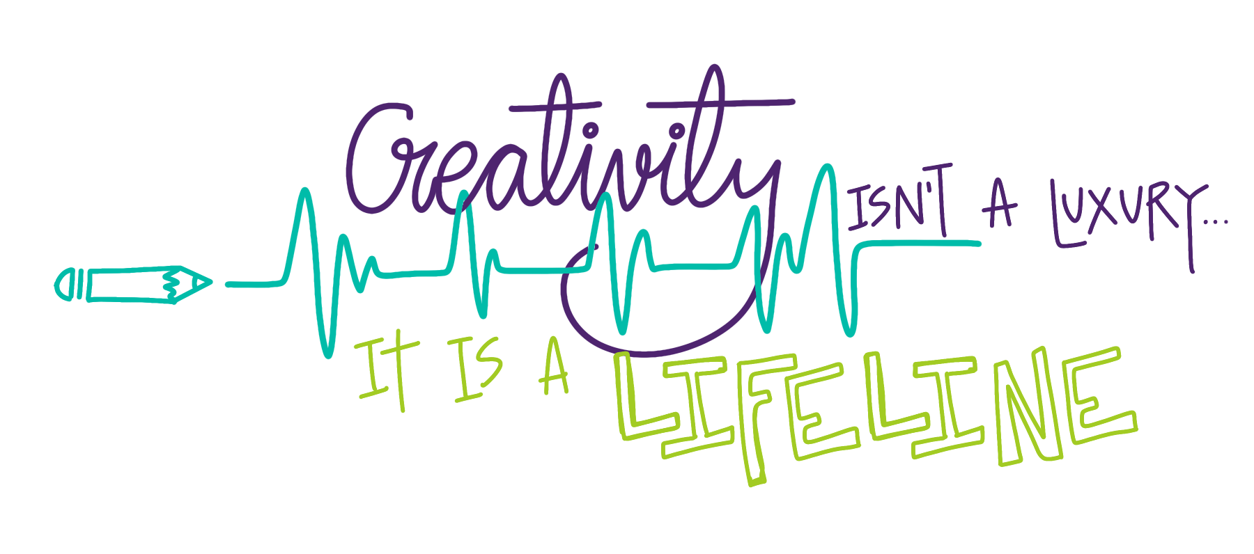 Visual Versa hand lettering illustration “Creativity is not a luxury, it is a lifeline”, representing importance of creativity, visual thinking and human-centered communication