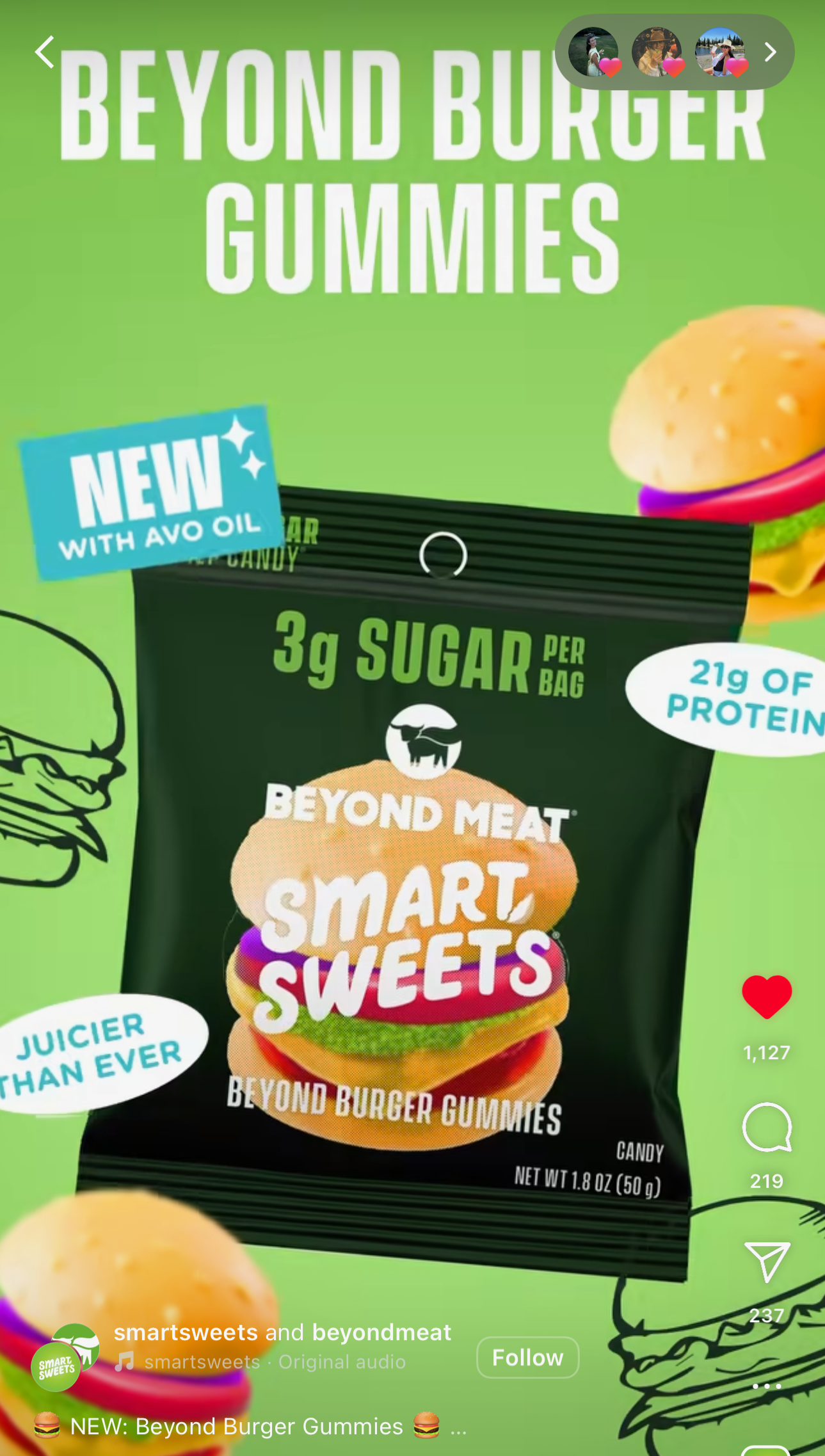 Bright green background featuring a package of Beyond Meat Smart Sweets Beyond Burger Gummies, illustrating burger ingredients like lettuce, tomato, and cheese, with text highlighting nutritional features such as '3g sugar per bag', '21g of protein',