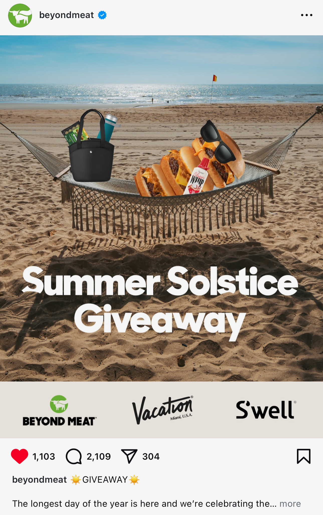 Beach scene with hammock holding four Beyond Meat burgers, a black tote bag, sunglasses, sunscreen, and a bottle of hot sauce, advertising a Summer Solstice Giveaway.
