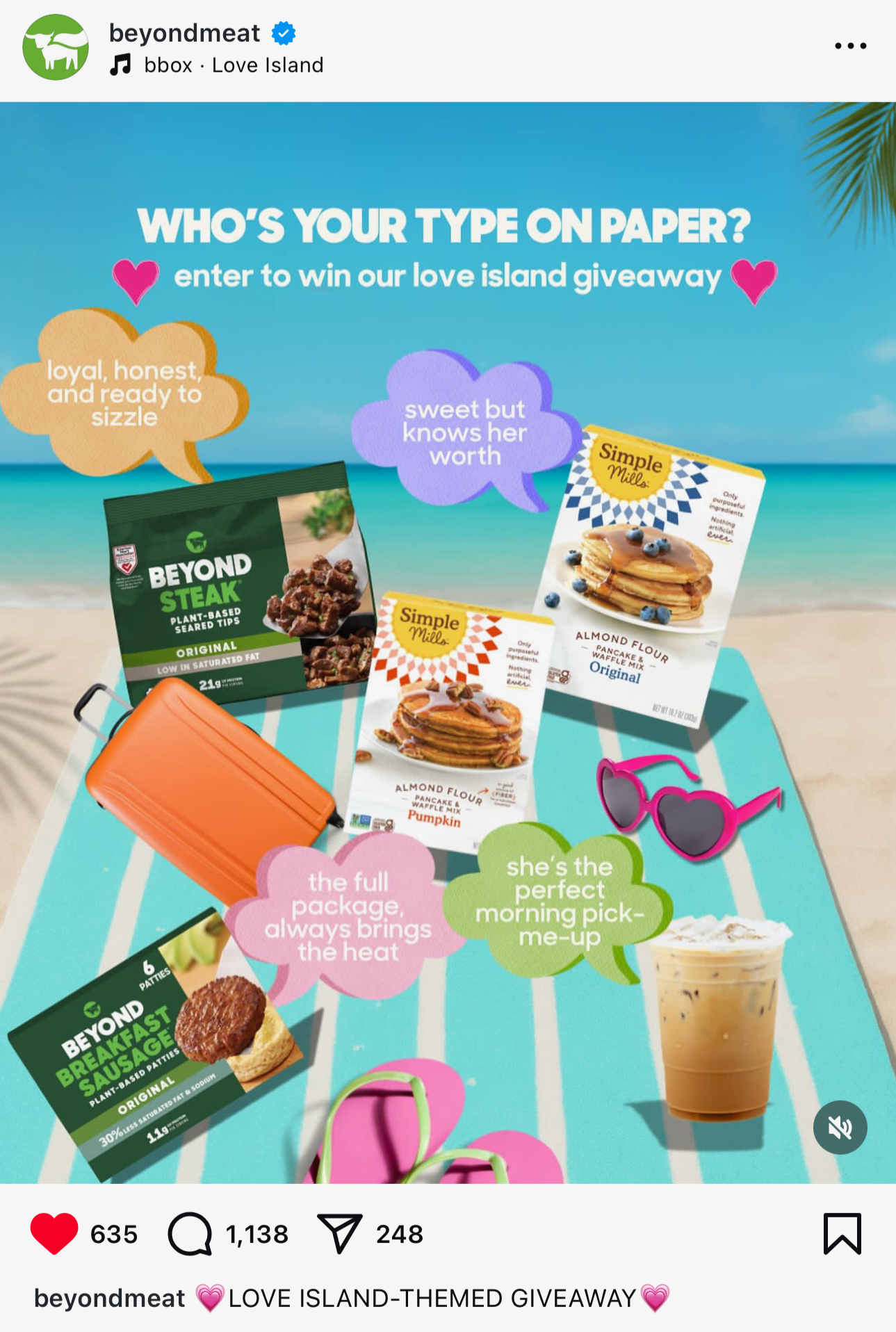 An Instagram post promoting a Love Island-themed giveaway with tropical beach background. Items include plant-based snacks, sunglasses, and a cold beverage. Text on the image asks about preferences on paper, with tags like 'loyal, honest, and ready t