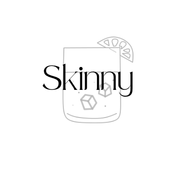 Outline of a glass with ice cubes and a lemon slice, with the word 'Skinny' overlaid.