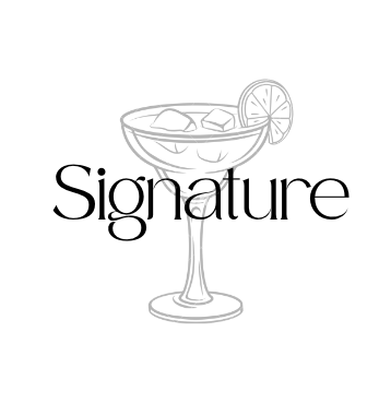 Outline of a margarita glass with ice cubes and a lemon slice, with the word 'Signature' below.