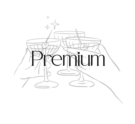 Line drawing of four hands holding glasses of champagne, overlaid with the word 'Premium'.