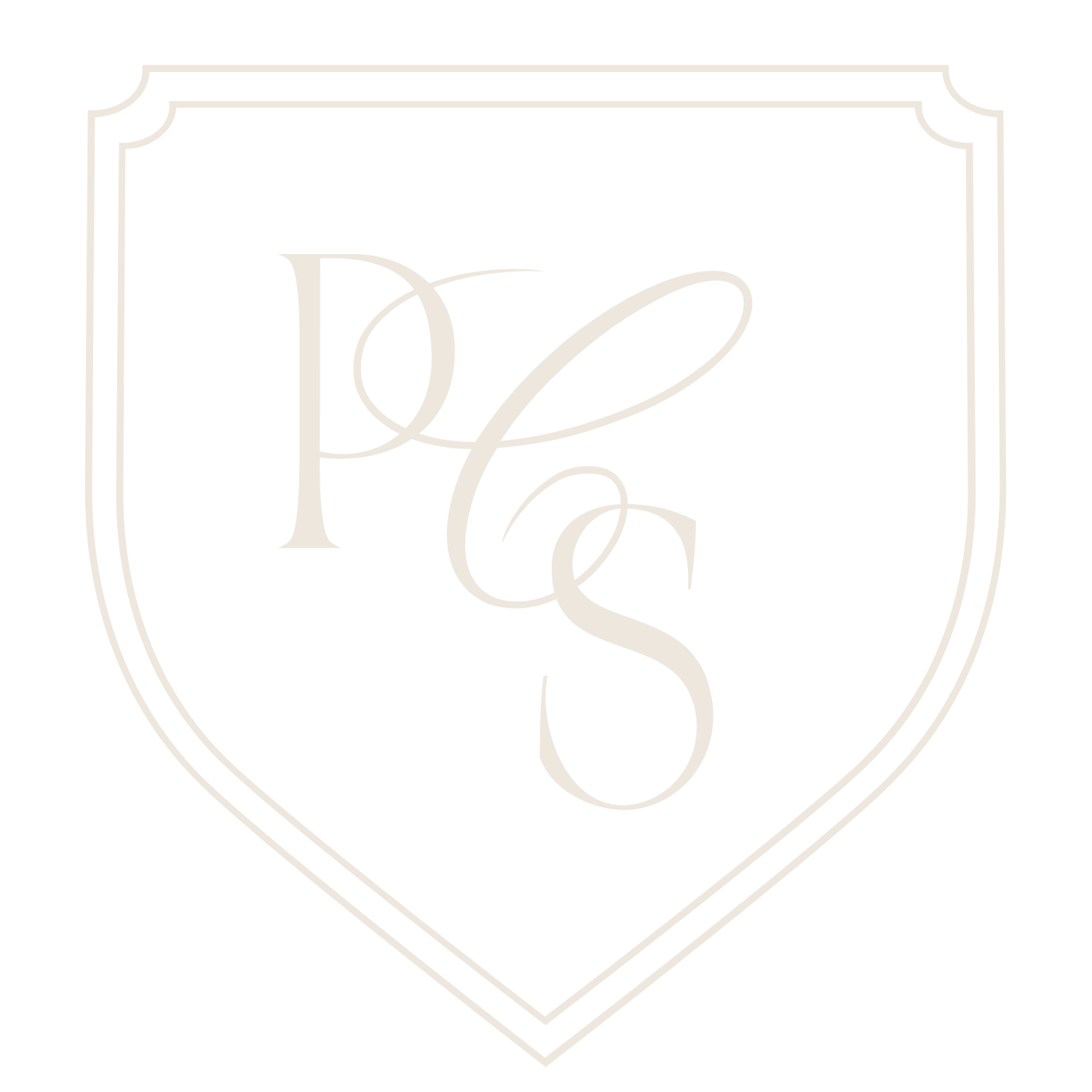 Black shield-shaped logo with white outline and monogram 'PC' in elegant script in the center.