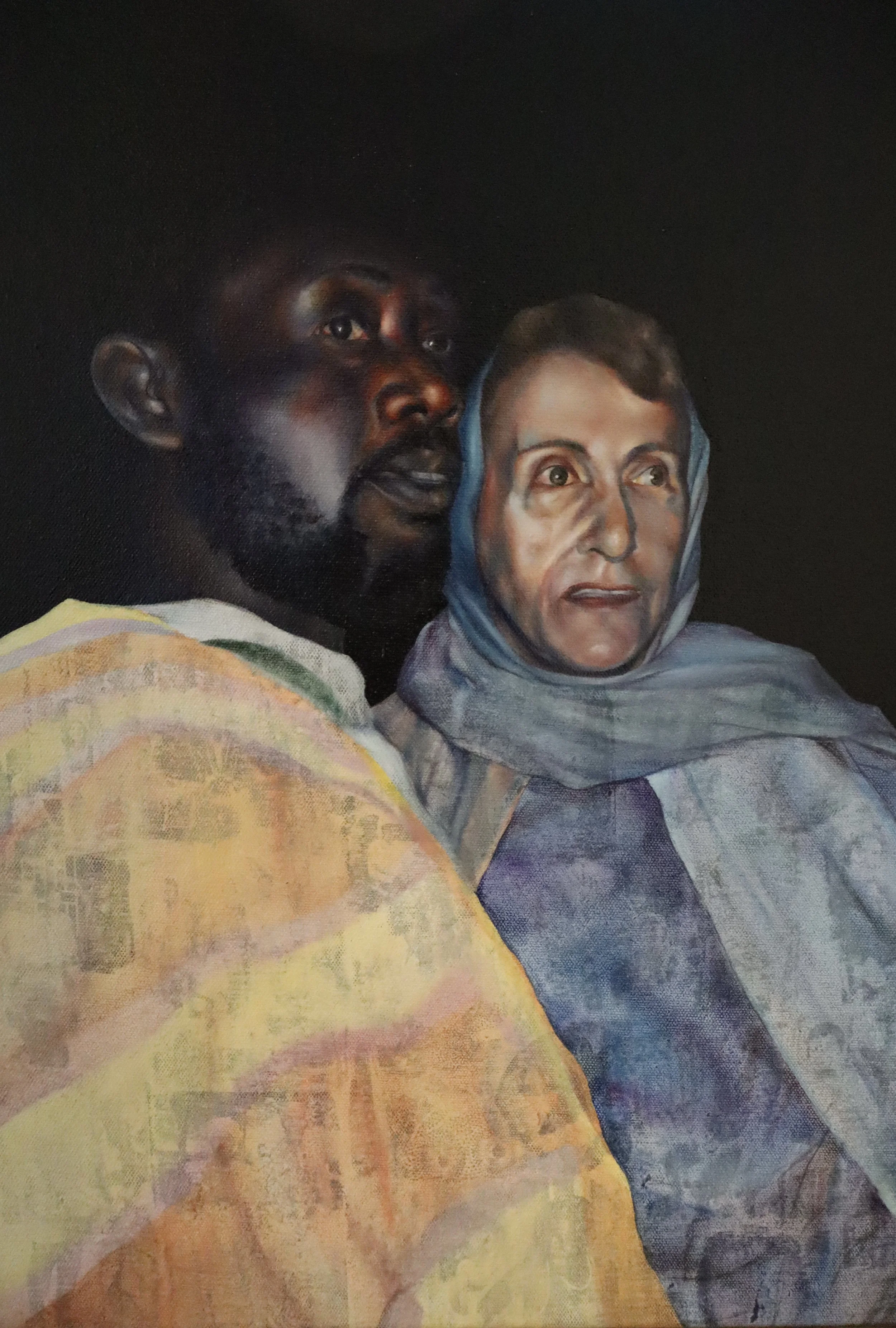 Nightfall in Cyrene
Oil paint and image transfers on Canvas.
35cm by 50cm