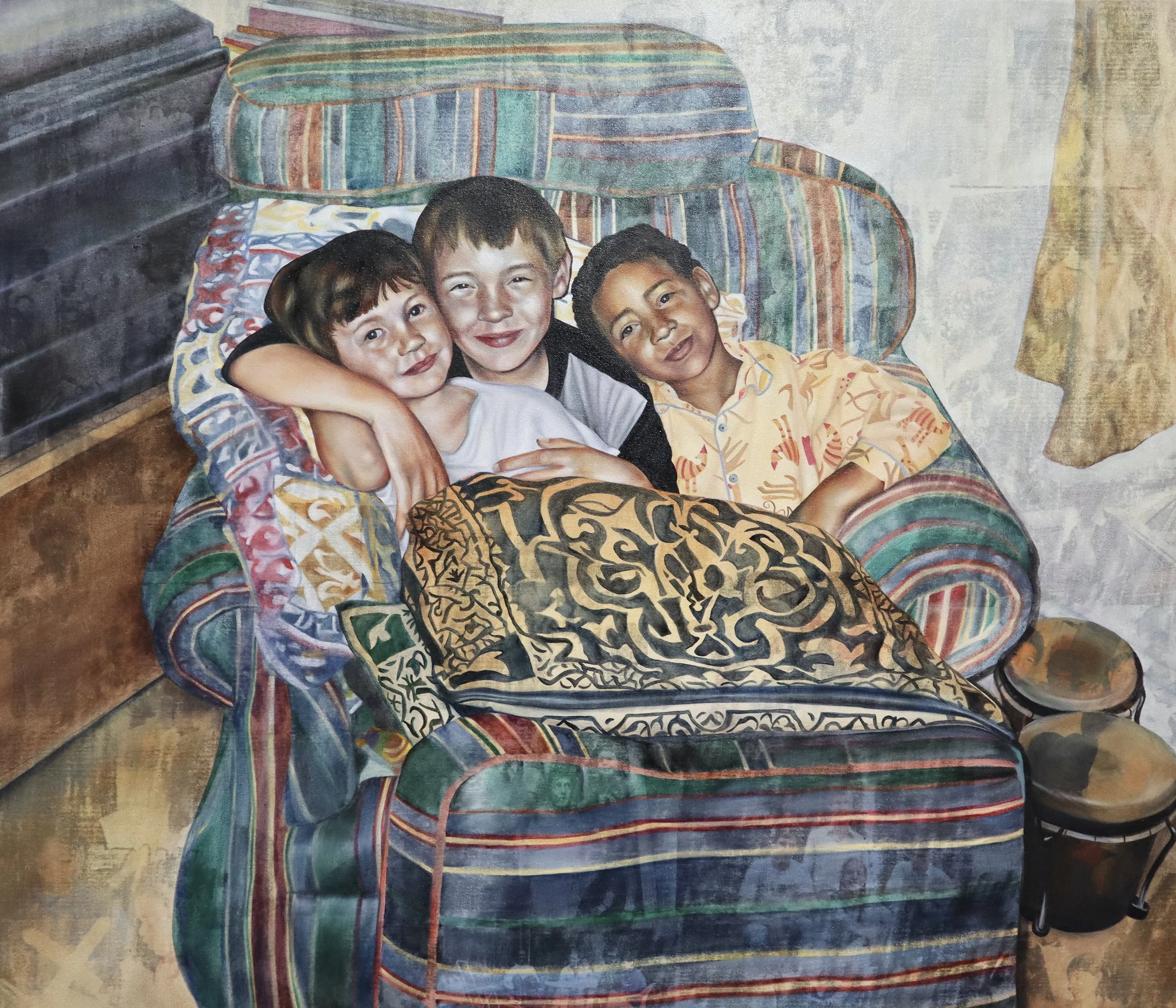 Intertwined 
Oil paint, image transfers and graphite on canvas. 
120cm by 100cm