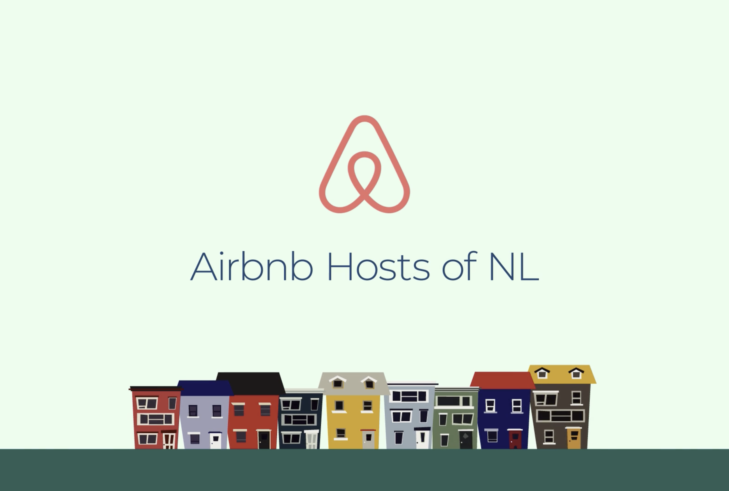 Airbnb logo above text 'Airbnb Hosts of NL' with colorful illustrated houses at the bottom on a light green background.
