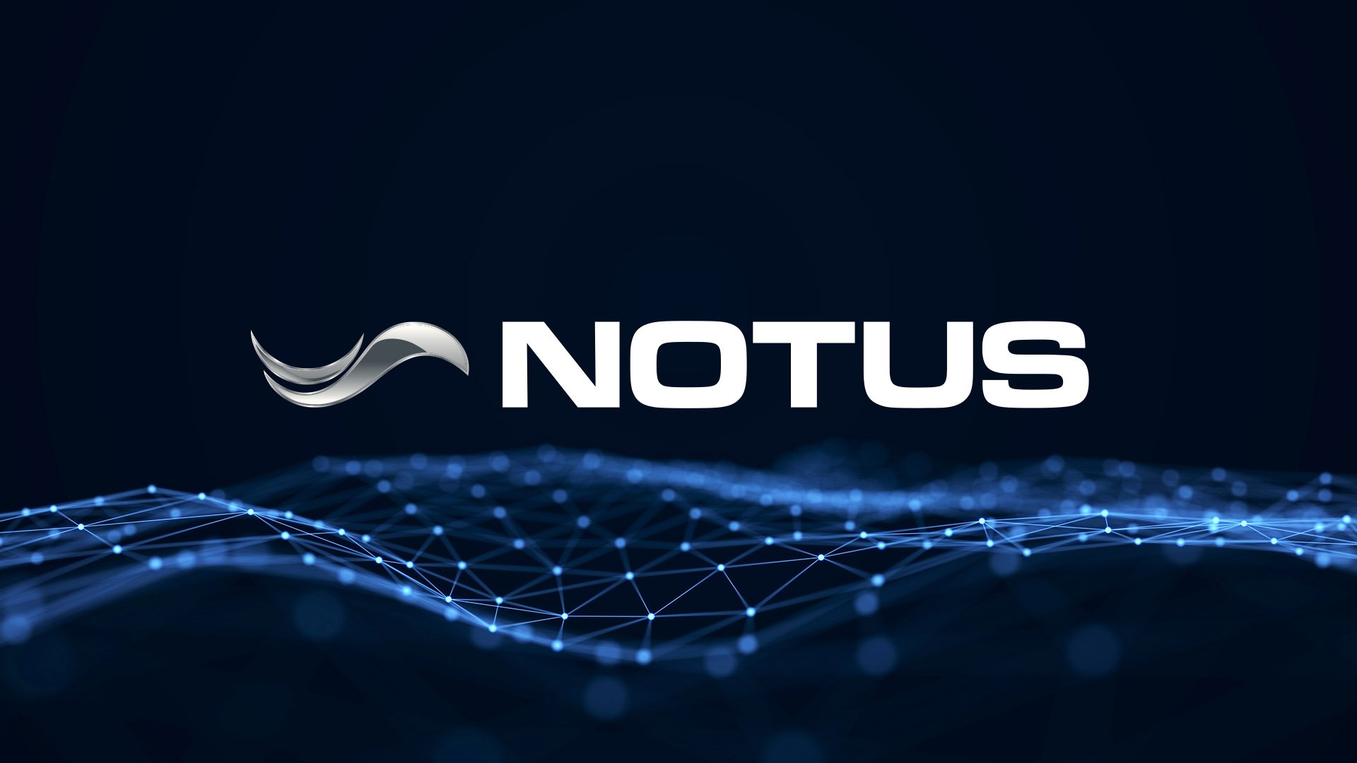 A digital graphic with dark background, a stylized silver wave logo, the word "NOTUS" in bold white letters, and a blue glowing network pattern at the bottom.