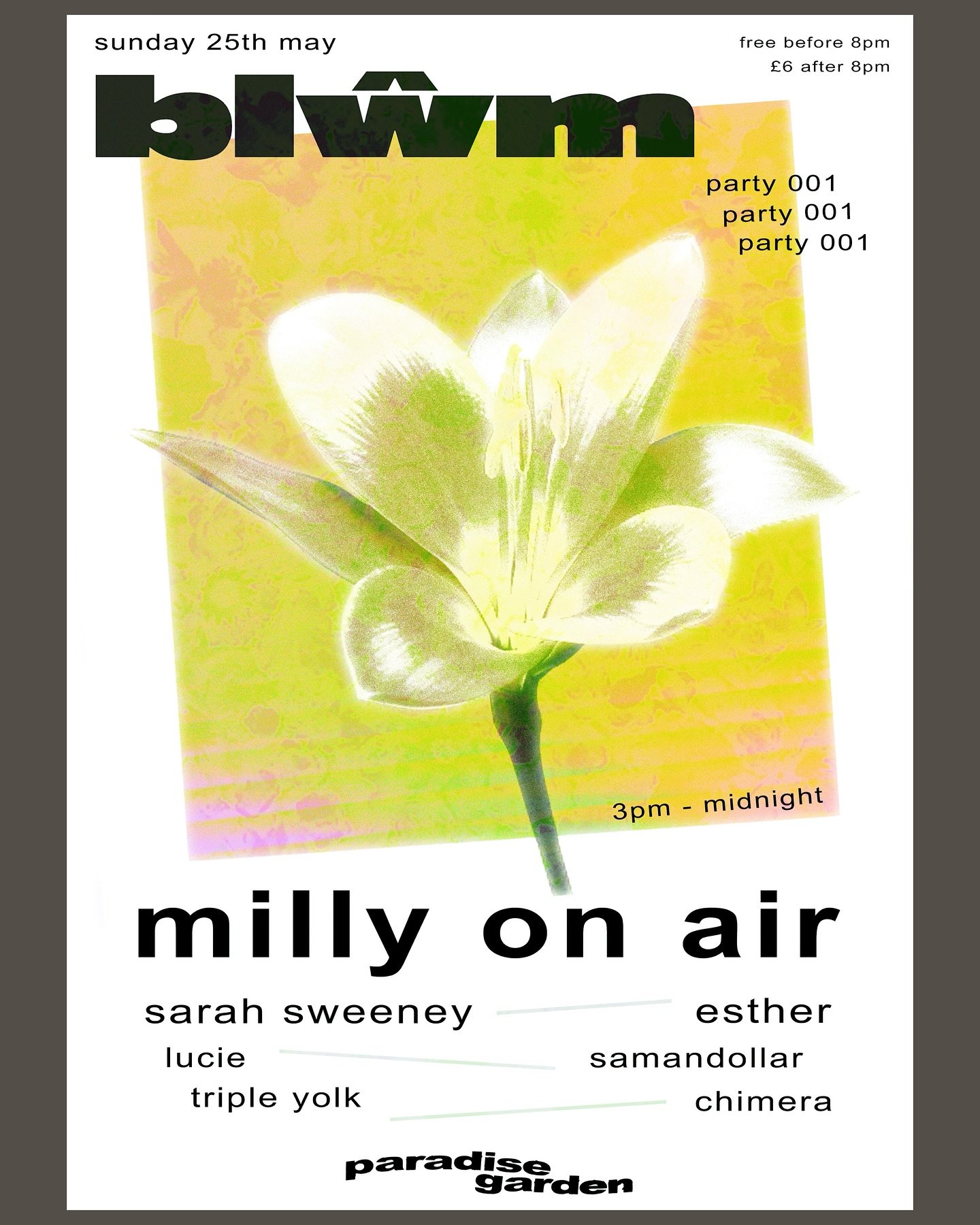 This bank holiday weekend, we have our first blŵm party! Join us on Sunday 25th from 3pm until midnight 🌸✨

We&rsquo;ve invited the wonderful @milly_on_air_ to play alongside @_sarah_sweeney, @esthergram____ and some of the great upcoming talent fro