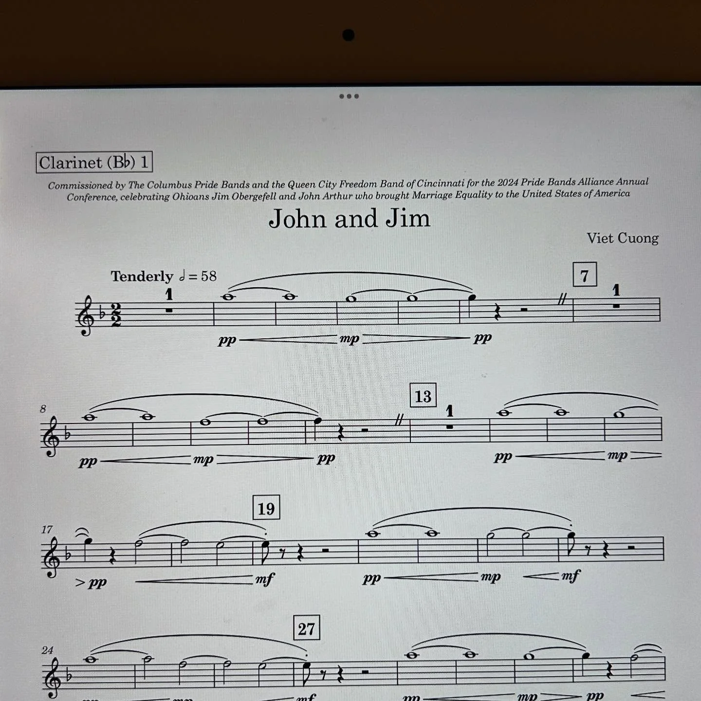 Tonight I played for a Veterans Day concert and the set included this piece. 
Dr. Viet Cuong wrote this piece and it was dedicated to John Arthur and Jim Obergefell. This name has been in the news today because the Supreme Court has decided not to mo