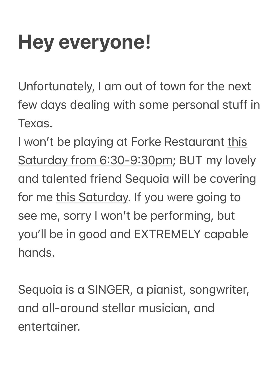 I&rsquo;m not in Vegas right now! 

But live music at @forkerestaurant is still happening this Sat! 
Filling in for me while I&rsquo;m gone is @sequoia.music.official 

If you&rsquo;ve been around the Vegas music scene, you know that the music and vi