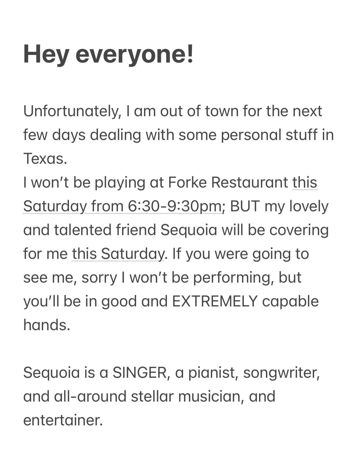 I&rsquo;m not in Vegas right now! 

But live music at @forkerestaurant is still happening this Sat! 
Filling in for me while I&rsquo;m gone is @sequoia.music.official 

If you&rsquo;ve been around the Vegas music scene, you know that the music and vi