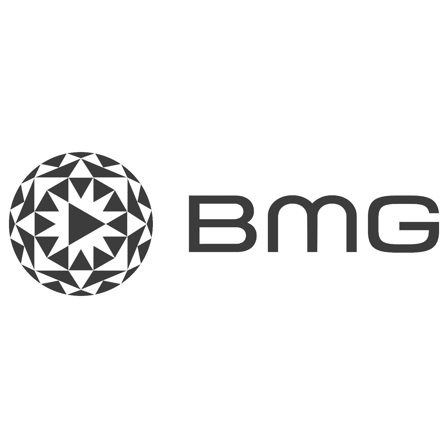 Black and gray BMG logo featuring a globe with a play button inside.