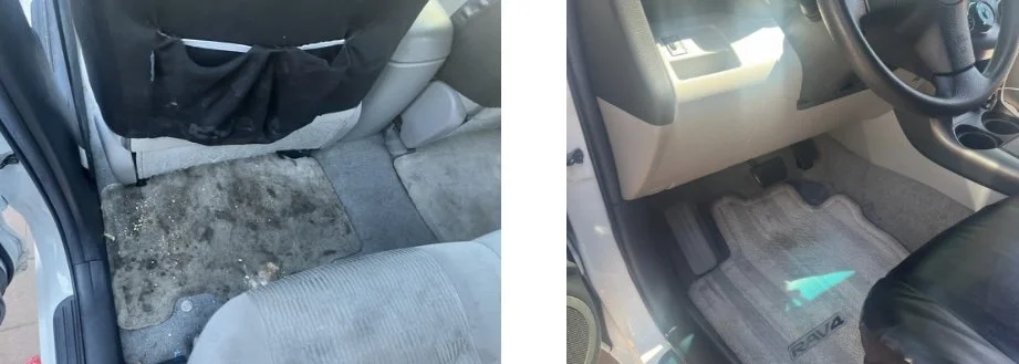 Comparison of the interior car floor with a dirty, stained mat on the left and a clean, new mat on the right.